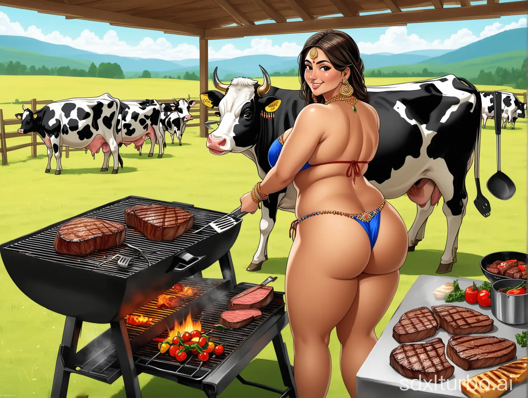 Indian-Woman-Cooking-Steak-on-Farm-with-Cows-Grazing