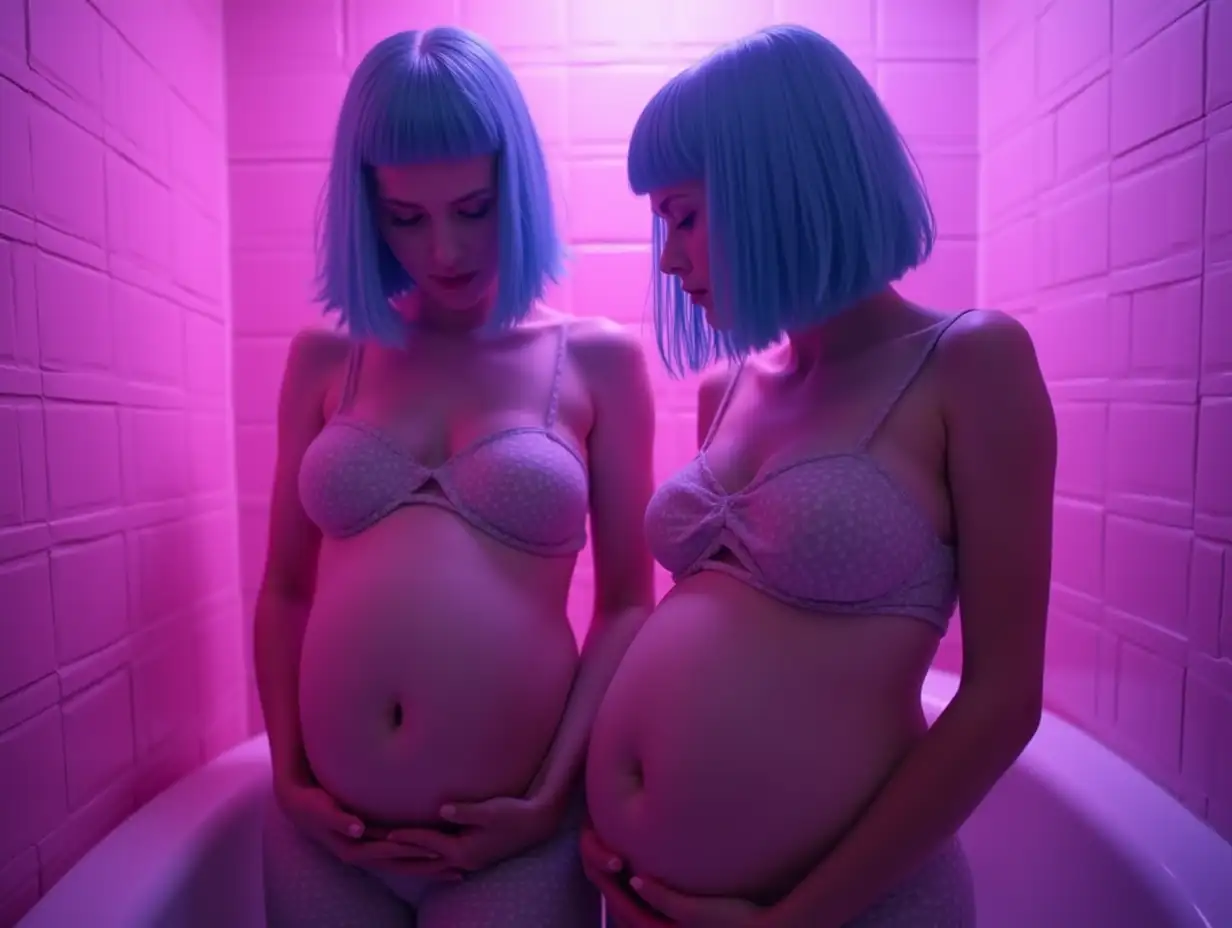 Two-Girls-with-Blue-Bob-Cut-Wigs-in-Front-of-Pink-Foggy-School-Bath