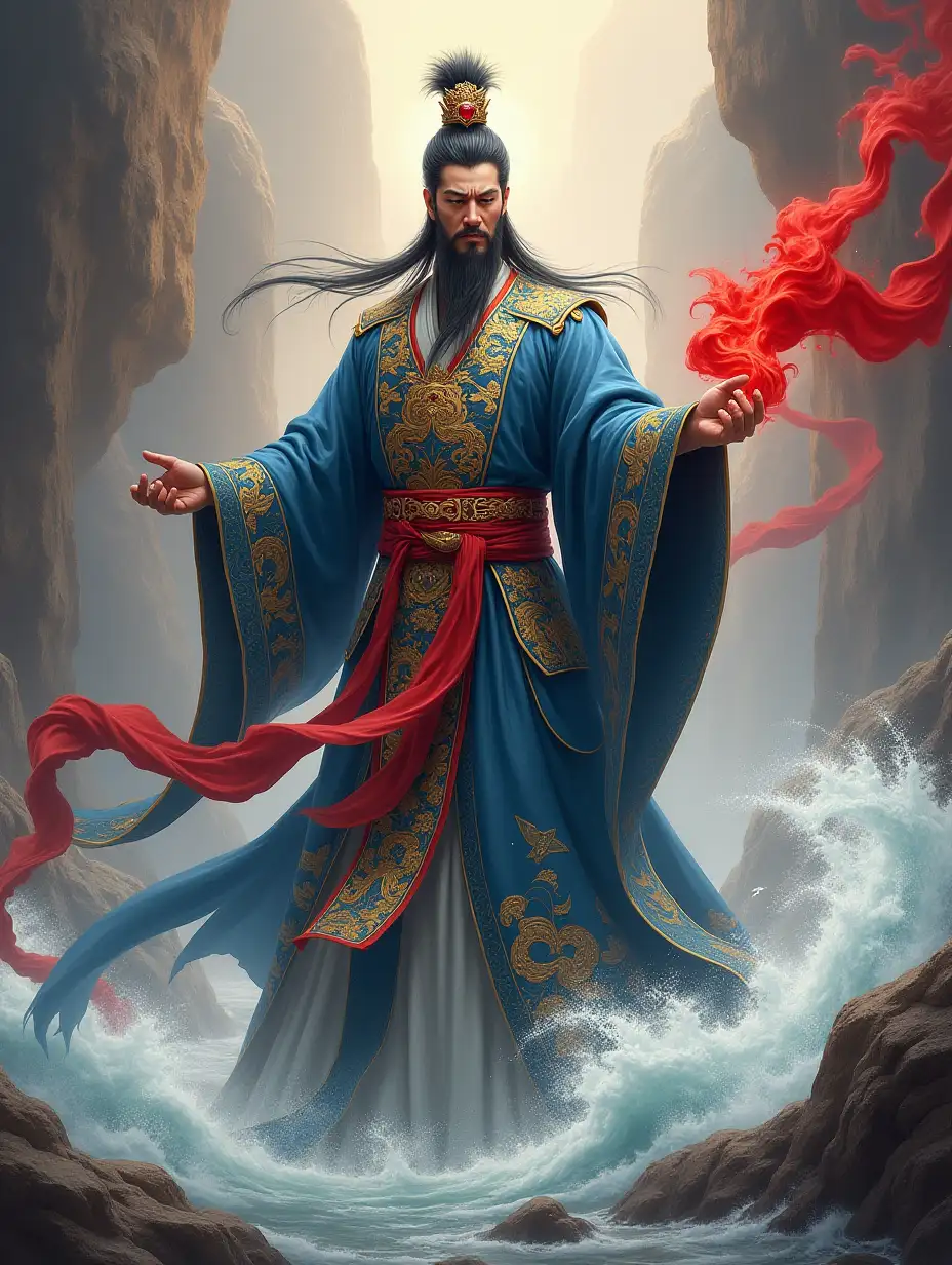 A full-body depiction of Wang Bian, the immortal representing the Red Water Array from Chinese mythology. He stands majestically, wearing a deep blue Daoist robe intricately embroidered with golden cloud and lightning patterns. His tall black Daoist crown is set with a ruby gemstone, adding divine authority. Wang Bian holds the Red Water Banner—a flowing crimson silk artifact radiating waves of water. He casts a powerful spell, summoning a flood that swirls around him. The background features a misty canyon with crimson-hued rivers and dynamic water effects. The style is historical realism, with warm and natural colors, emphasizing authenticity.