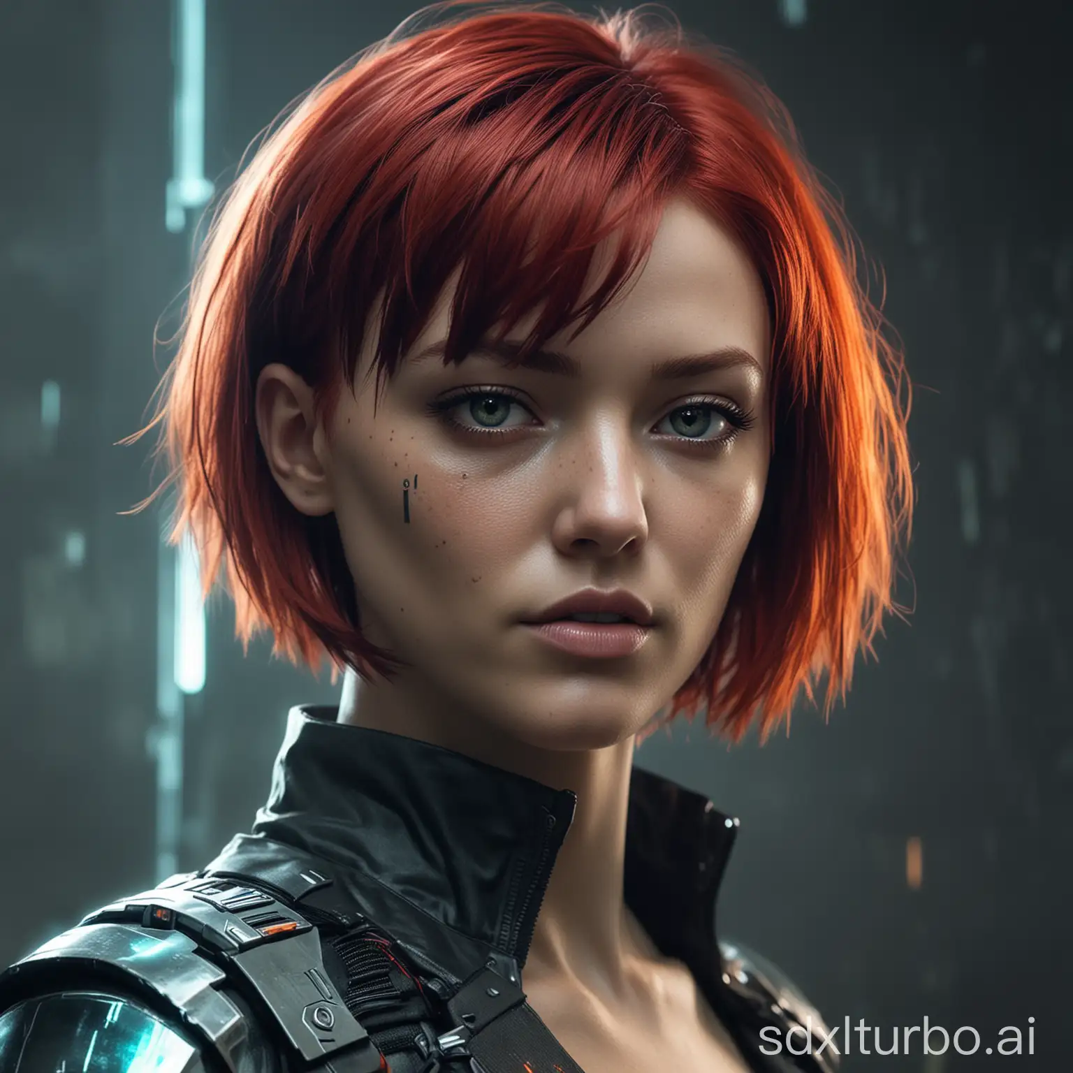a cyberpunk woman with a short hair bob cut red-haired, and we could see that she is a hologram