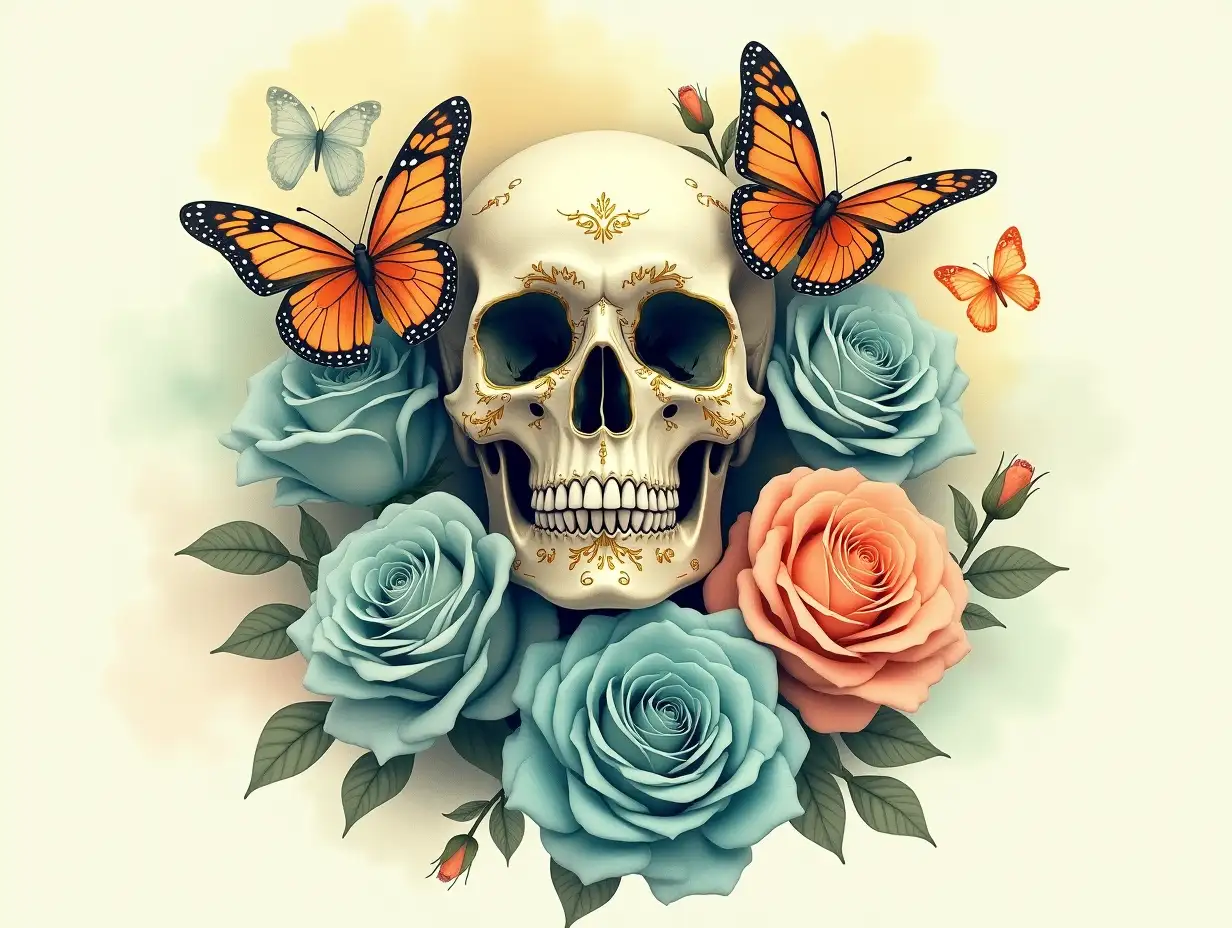 Vintage-style. Skull art piece surrounded by vibrant butterflies and blooming roses, combining elements of surrealism and hyperrealism. The skull is central, painted in intricate patterns with gold accents, surrounded by soft aqua and pastel-colored roses and delicate butterflies in shades of orange and blue. The background features a gentle watercolor wash with splashes of light yellows and soft greens, enhancing the ethereal quality. The overall aesthetic is a harmonious blend of beauty and decay, evoking themes of life and death, with intricate details and a dreamlike atmosphere.