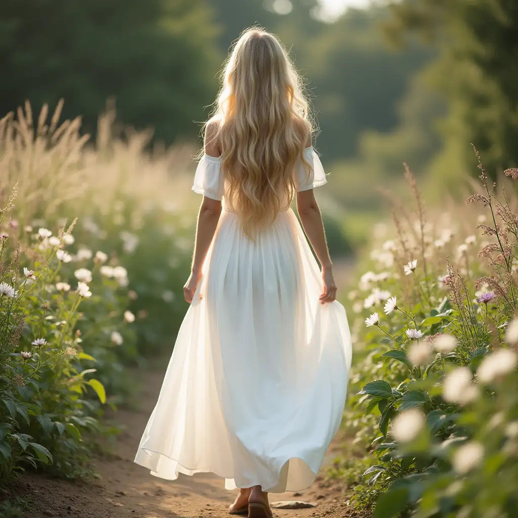 a young woman in a long white flying dress with long blonde hair walking in a flower garden