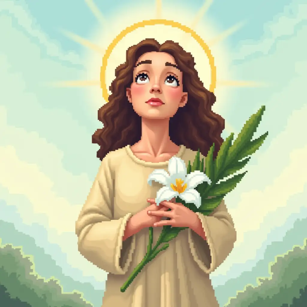 A serene pixel art image of a young female saint with curly brown hair, gazing upwards with a peaceful expression. She has a golden halo around her head, symbolizing her sanctity. The saint holds a palm branch and a white lily, both symbols of martyrdom and purity, with her hands crossed over her chest. She is dressed in a long, flowing robe in light beige or cream colors, with gentle folds. The background is soft and ethereal, with light blue skies and hints of green, creating a peaceful and heavenly atmosphere, all rendered in a pixelated, retro video game style.