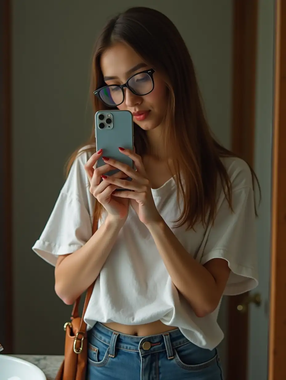 Young-Woman-Taking-Selfie-in-Bathroom-with-iPhone-15-and-Stylish-Outfit