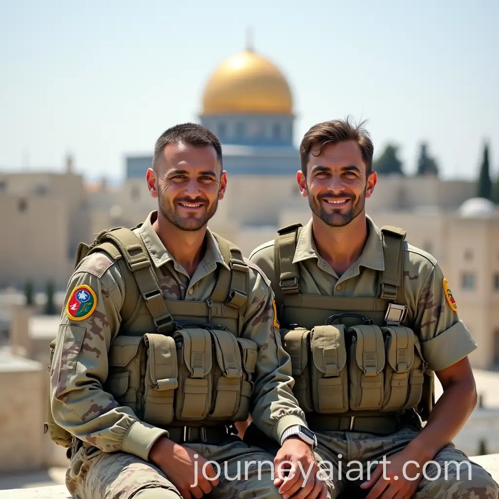 Soldiers-in-Camouflage-Shirts-with-Dome-of-Rock-in-Palestine-Background
