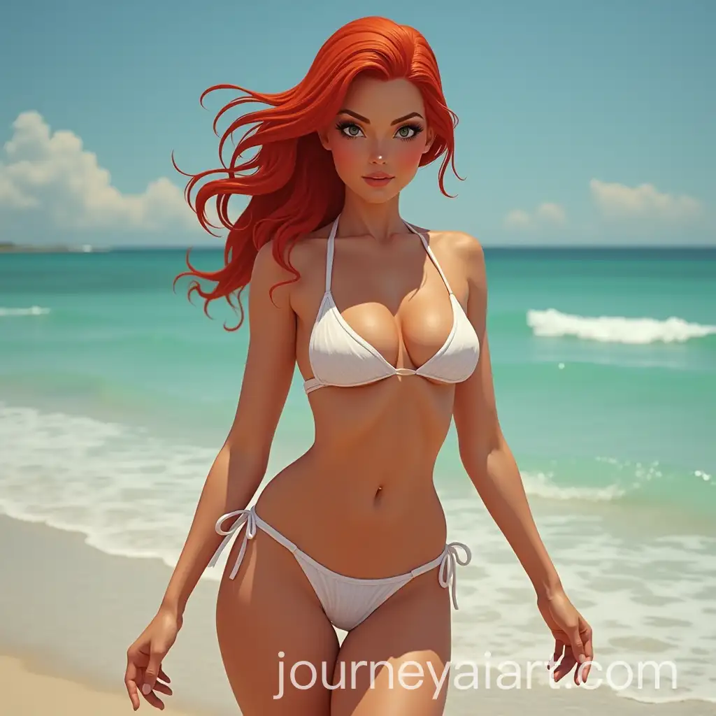 RedHaired-Woman-in-Bikini-onAI-Art-Prompt-Expansion-Beach-with-Scenic-Ocean-Background