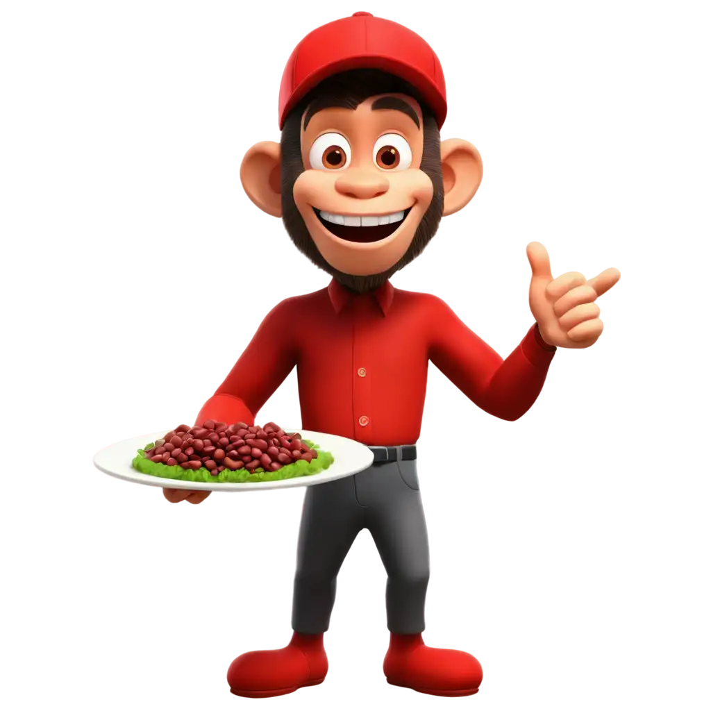 a Monkey cartoon man Holding a Plate with fill Red Beans & Rice, wear cap showcasing its features in an engaging way, in the style of animated gifs, clean and simple designs, 3d, a predominant color of Red