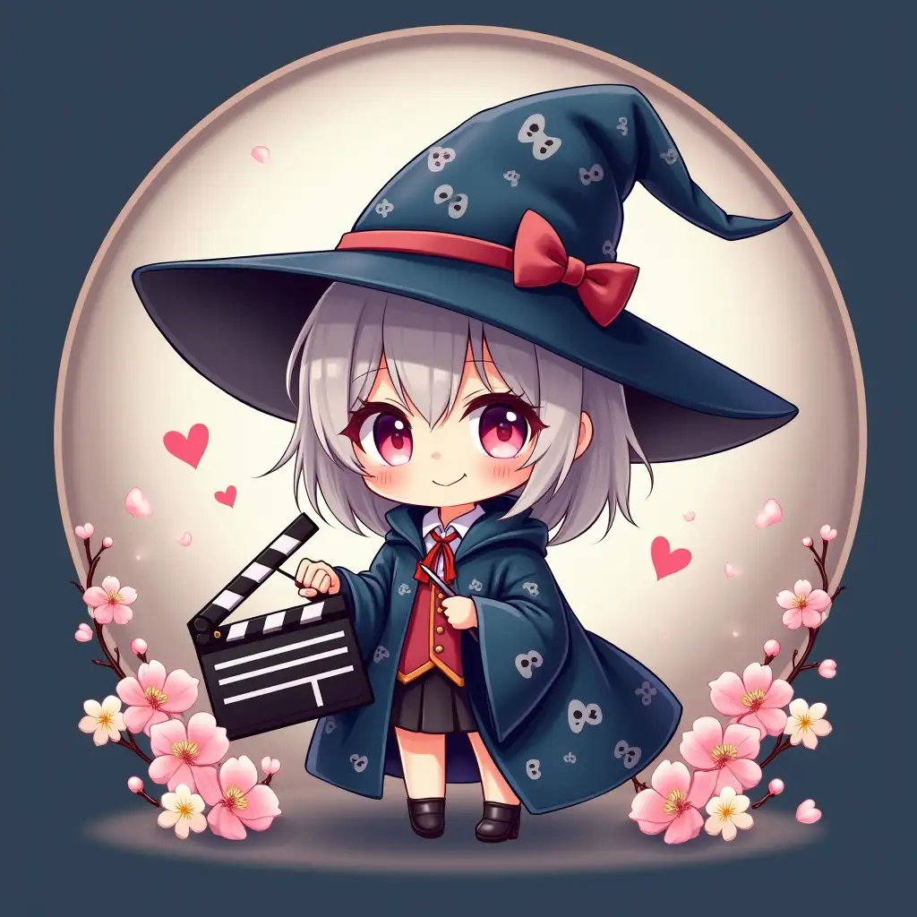 Design a chibi-style character wearing a wizard’s cape with subtle movie-themed patterns, such as small film reels and popcorn. The character holds a wand shaped like a clapperboard, emitting a faint glow. The background includes a circular frame with sakura petals and a clean, muted gradient of navy blue and silver, creating an elegant yet striking look