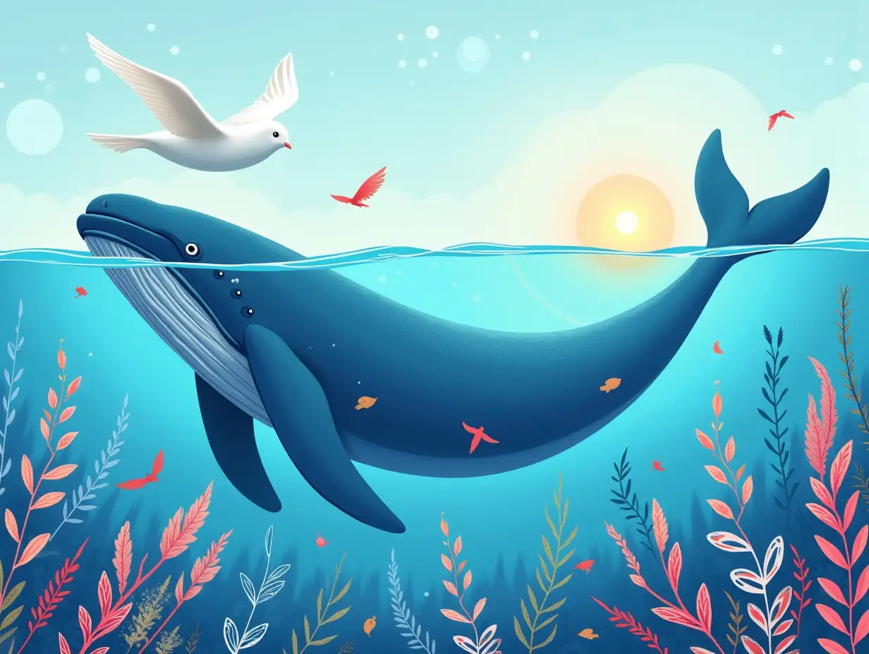 Whale-Diving-into-Ocean-Surrounded-by-Marine-Life-and-Symbols-of-Hope-and-Love