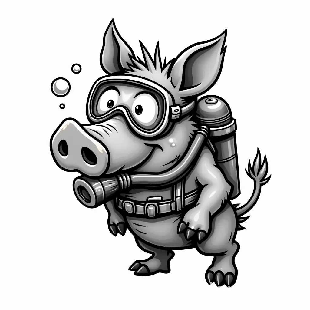 Whimsical-Cartoon-Wild-Boar-with-Scuba-Gear-Tattoo-Design