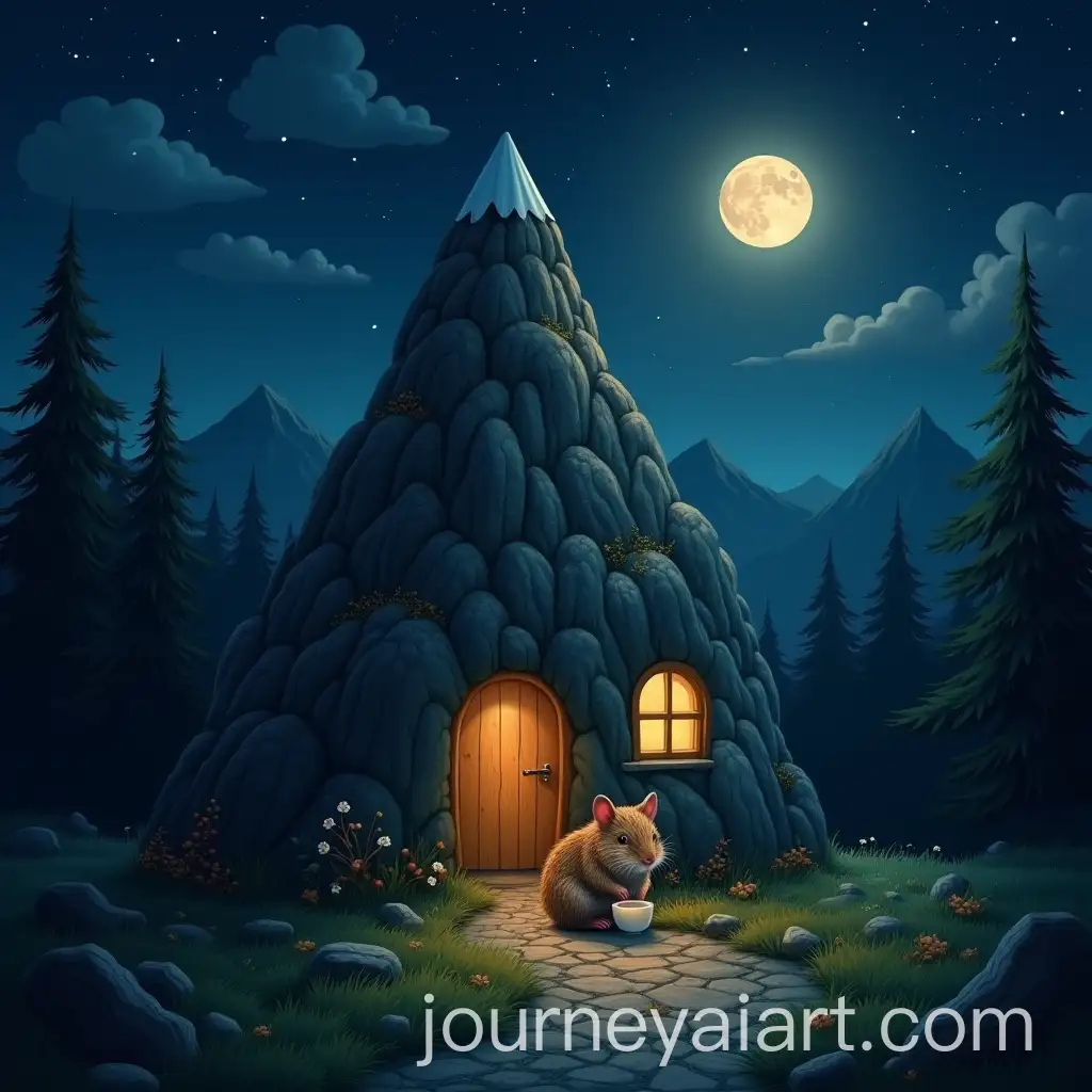 FlAI-Image-Prompt-Expansionuffy-Mouse-Brewing-Tea-Inside-a-Cozy-Mountain-Burrow-Under-a-Starry-Sky