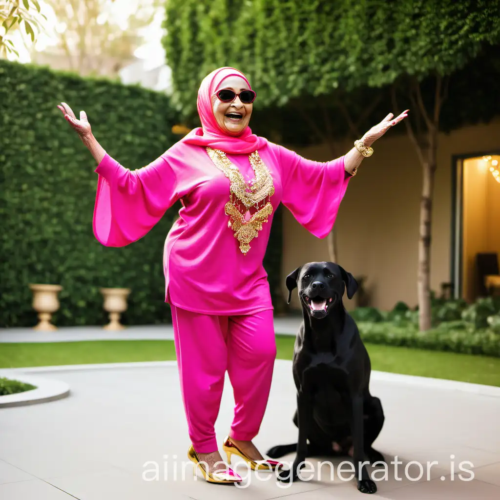 Elderly-Muslim-Woman-Exercising-with-a-Dog-in-Luxurious-Garden