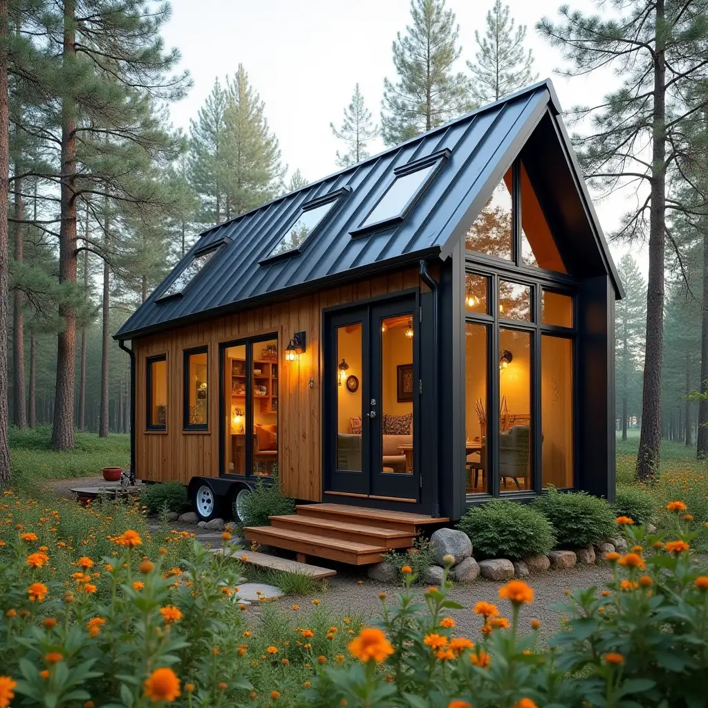 charming tiny house clad in wooden black metals and topped with trapezoidal black metal roofing. Huge windows line the sides, flooding the interior with natural light, creating a cozy and inviting atmosphere. The house sits on a serene, wooded lot, surrounded by tall trees and vibrant wildflowers