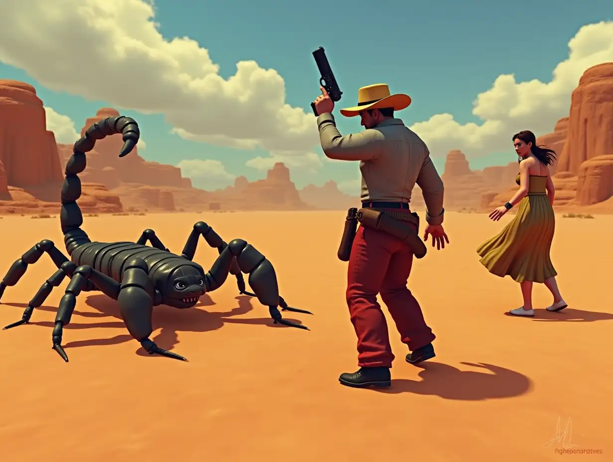 1990s 3D ps1 styled Gameplay screenshot for PlayStation featuring a 3D polygonal characters models of a cowboy in a hat long sleeve dress shirt  red long pants holster fights giant scorpions in desert scared woman watches In the back 1990s 3D polygonal style video game 3rd person fighting game 3rd person 3D Beat em up 1990s graphics retro style game 3D 3rd person survival horror game 3d 1990s PlayStation One Graphics