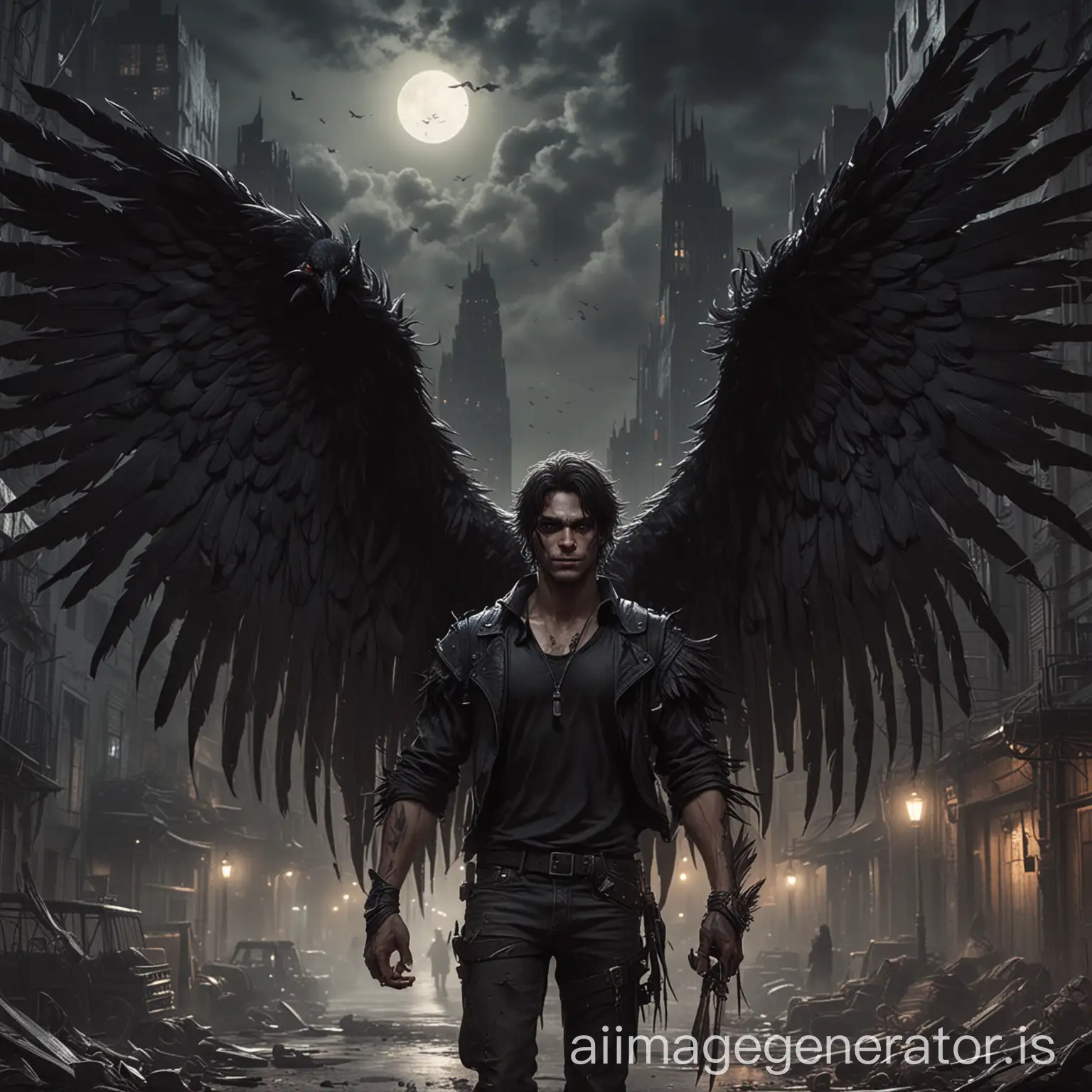 Demon-with-Black-Feather-Wings-Inviting-in-PostApocalyptic-Night-City