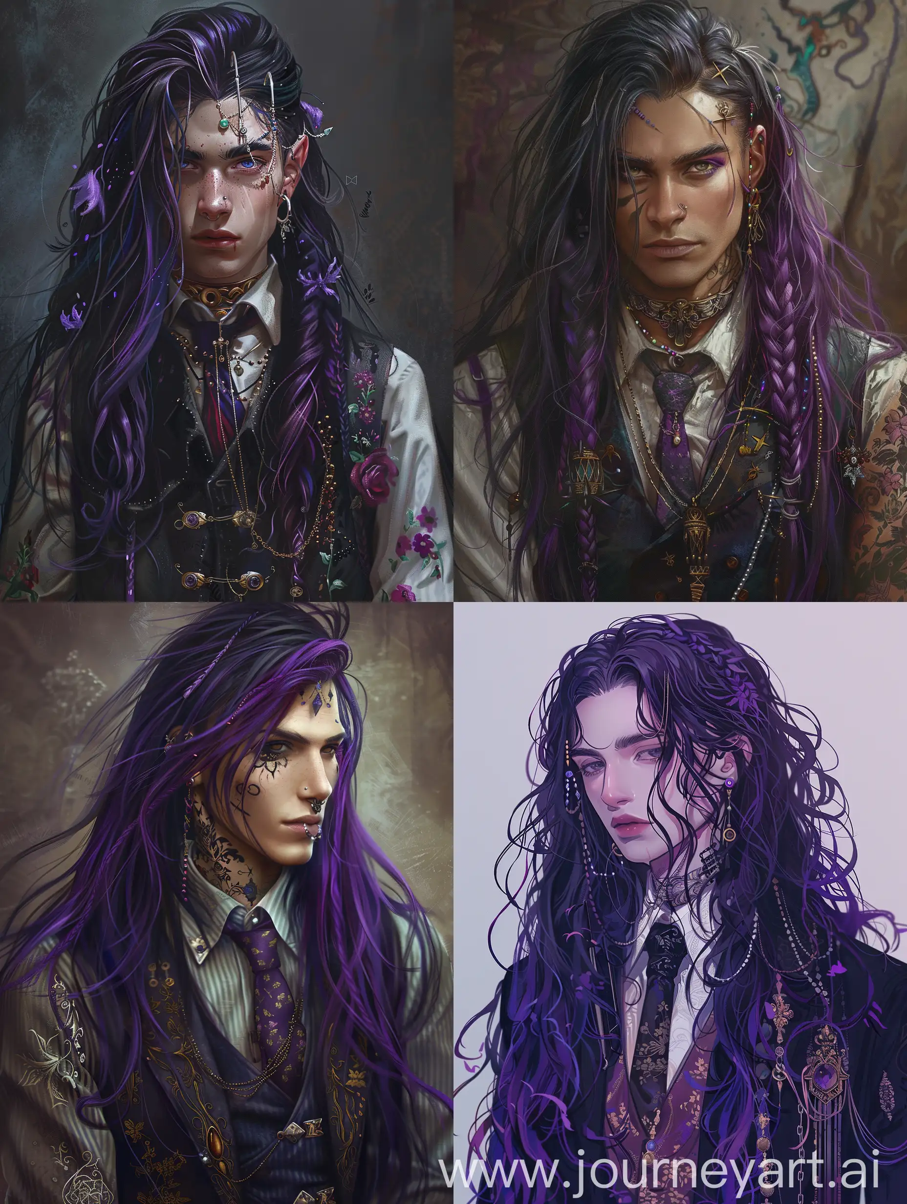 Elegant-Man-with-Long-Purple-Hair-in-Formal-Attire-and-Decorative-Accessories