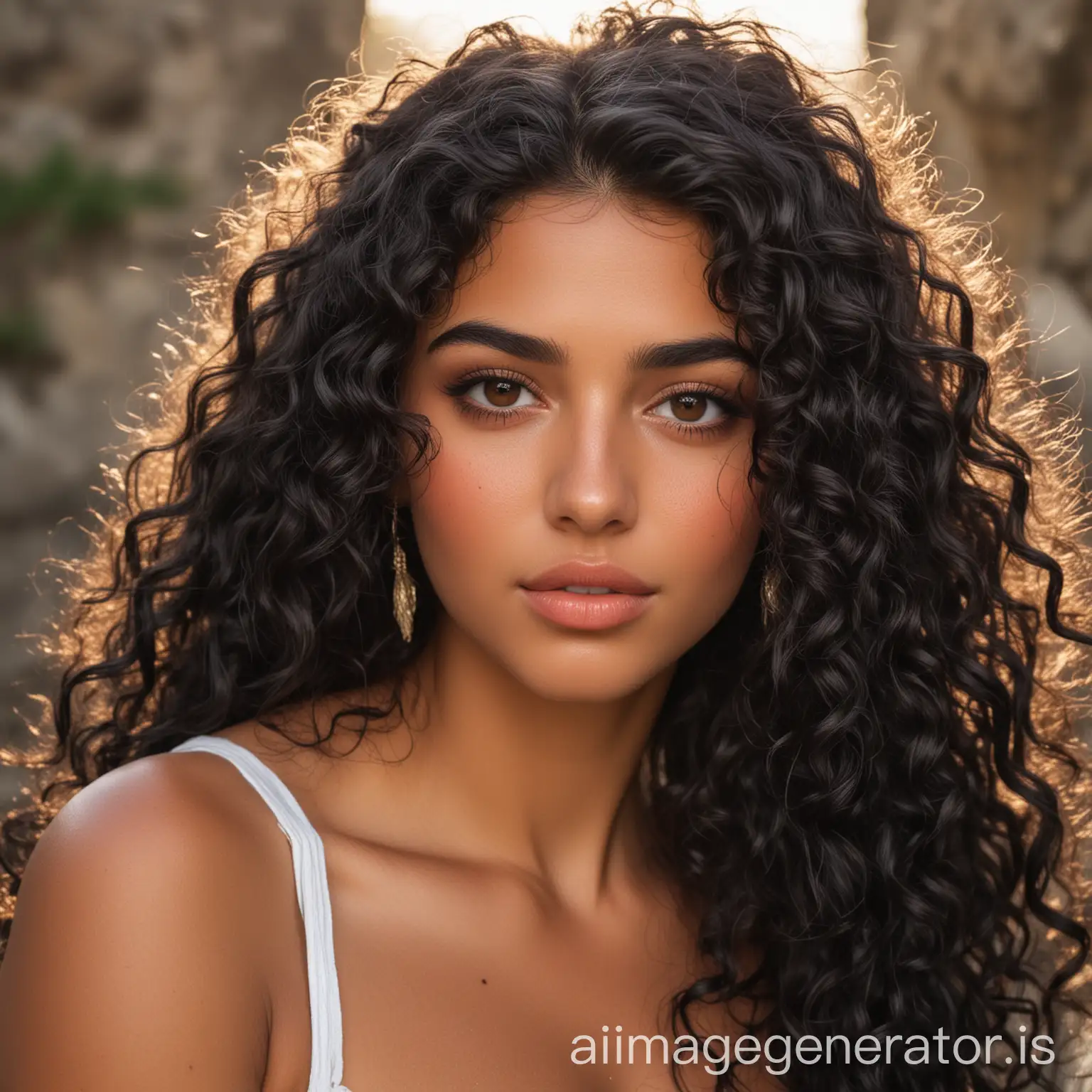 Greek goddess with tanned skin, long curly black hair and big brown eyes. Dimpled and rosy lips and cheeks.