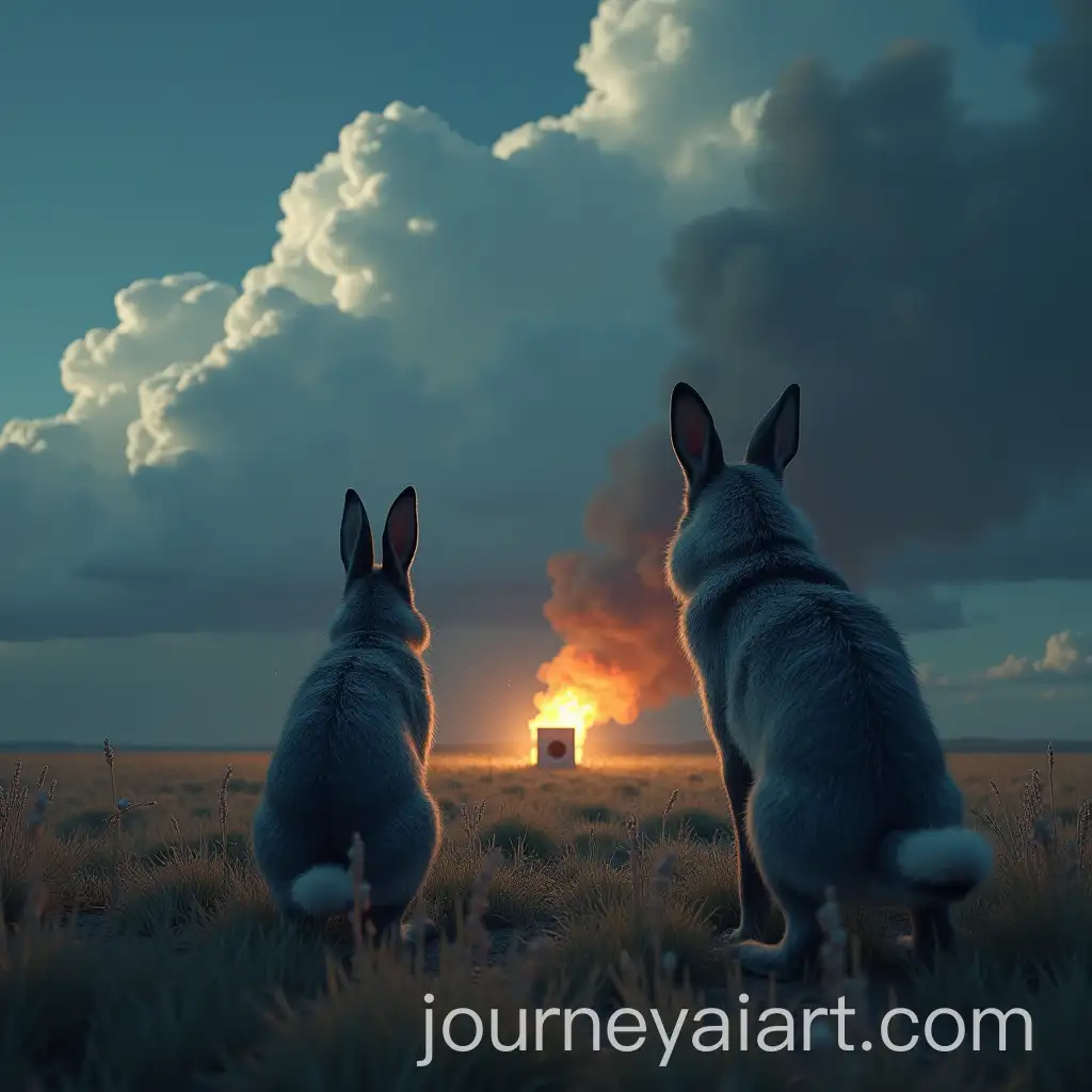 Surreal-Scene-of-Blue-Rabbit-and-Wolf-Witnessing-Burning-Washing-Machine-with-Falling-Money