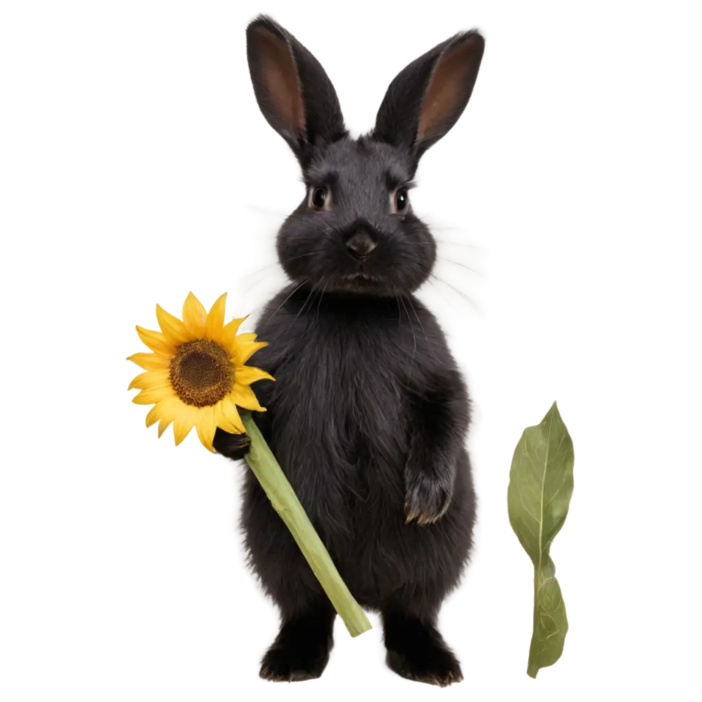 A grumpy looking black rabbit holding a sunflower