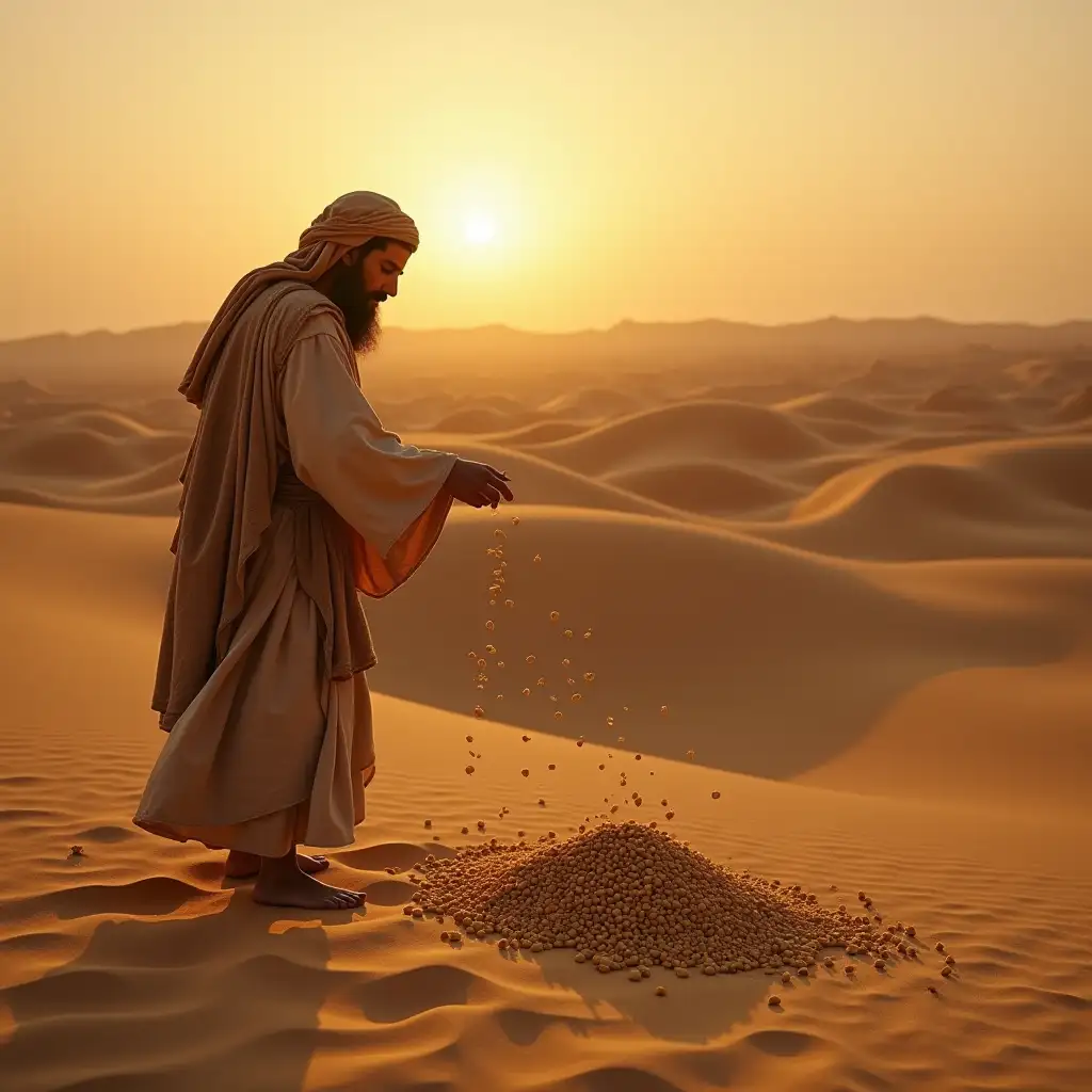 a person is gathering manna in the Judean desert, manna are little pieces on sand, the person is wearing ancient Jewish clothing, it's at sunset