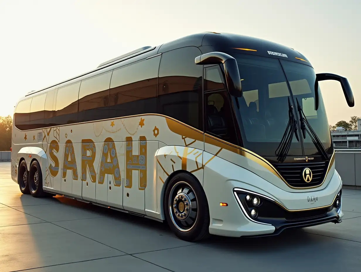 A supermodern utopian sports bus with a sport relay named SARAH, golden stripes on the side with gears, lowered bodywork, 18-inch rims, aluminum wheels, cream silver black cyberpunk.