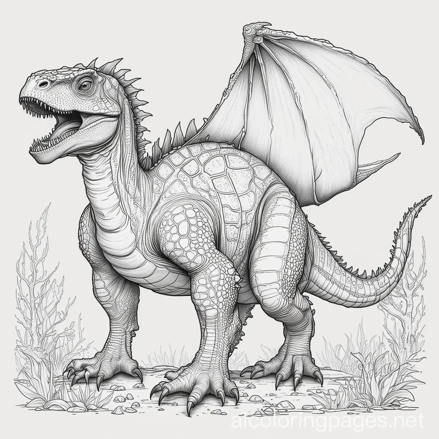 an animal with the head of a dragon, the body of a devil, the shell of a turtle, and the limbs of a tyrannosaurus rex , Coloring Page, black and white, line art, white background, Simplicity, Ample White Space. The background of the coloring page is plain white to make it easy for young children to color within the lines. The outlines of all the subjects are easy to distinguish, making it simple for kids to color without too much difficulty