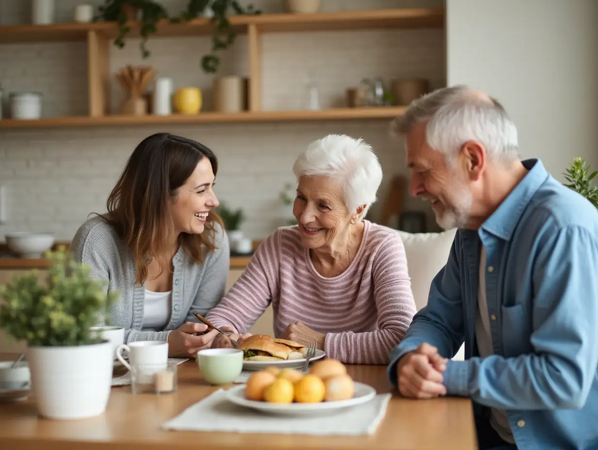 Senior-Woman-PostChemo-Having-Breakfast-with-Daughter-and-Husband-at-Home