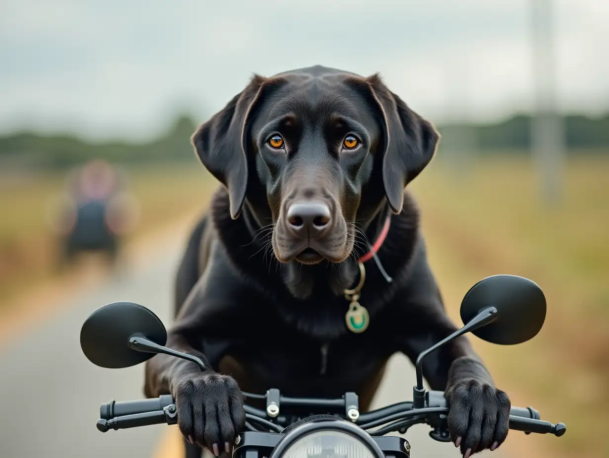 blac lab dog riding motorcycle