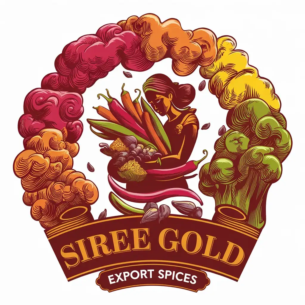 LOGO Design for SIREE GOLD EXPORT SPICES Vibrant Red Orange Yellow and Green with Spice Symbolism