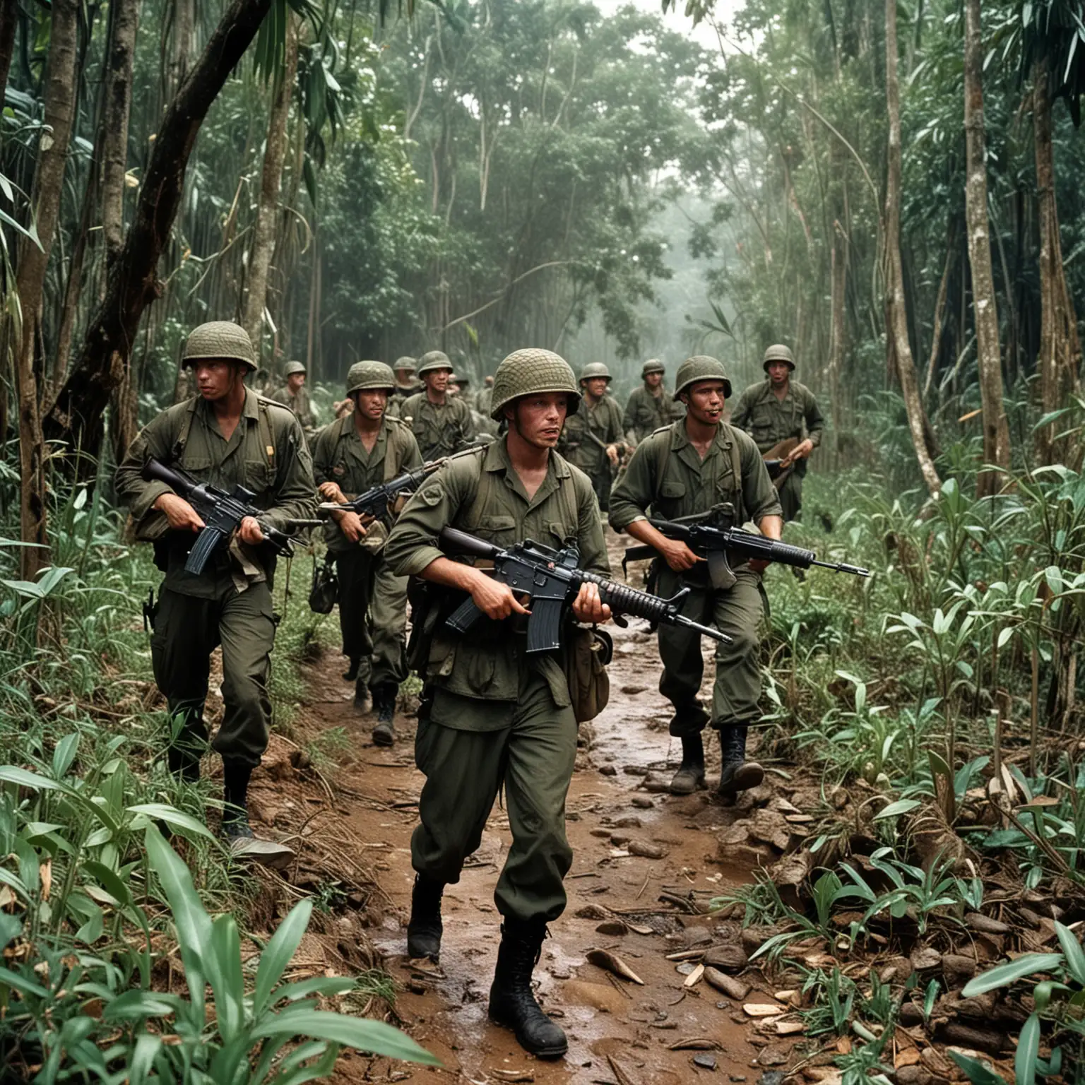 US-Soldiers-with-M16-Rifles-in-Vietnam-Jungle