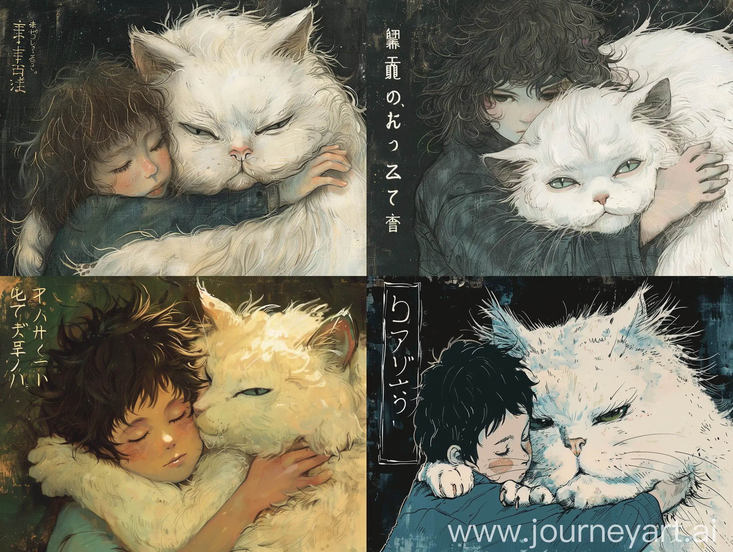 Boy-Embracing-Fluffy-White-Cat-Illustration-by-Taiyo-Matsumoto