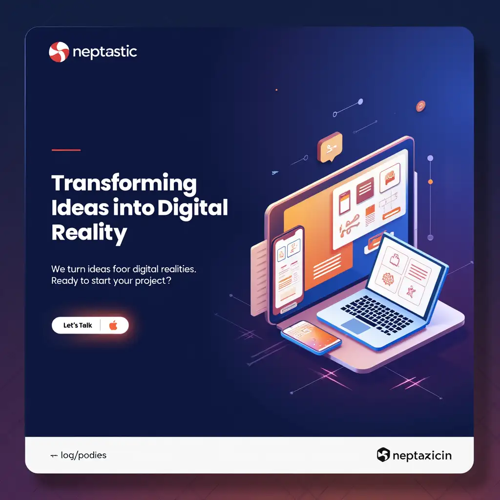 Create an Instagram post with the tagline 'Transforming Ideas into Digital Reality'. The background should feature a sleek, modern gradient, possibly with a mix of blue and purple or orange and pink shades. Include a visual of a web or app project, such as a smartphone and laptop displaying app screens and website wireframes. The design should feel futuristic, with subtle geometric elements or digital grid patterns in the background. Place the tagline in bold, clean font at the center of the design, and add a glowing or underlined effect for emphasis. Below the tagline, include the post text: 'We turn ideas into digital realities. Ready to start your project?'. This text should be in a smaller, readable font, located towards the bottom or right side of the image. A subtle CTA button like 'Let’s Talk' or 'Contact Us' can also be included. The Neptastic logo should be placed in the bottom-right or top-left corner of the image, with the website URL 'neptastic.in'. Keep the overall design professional, modern, and engaging.