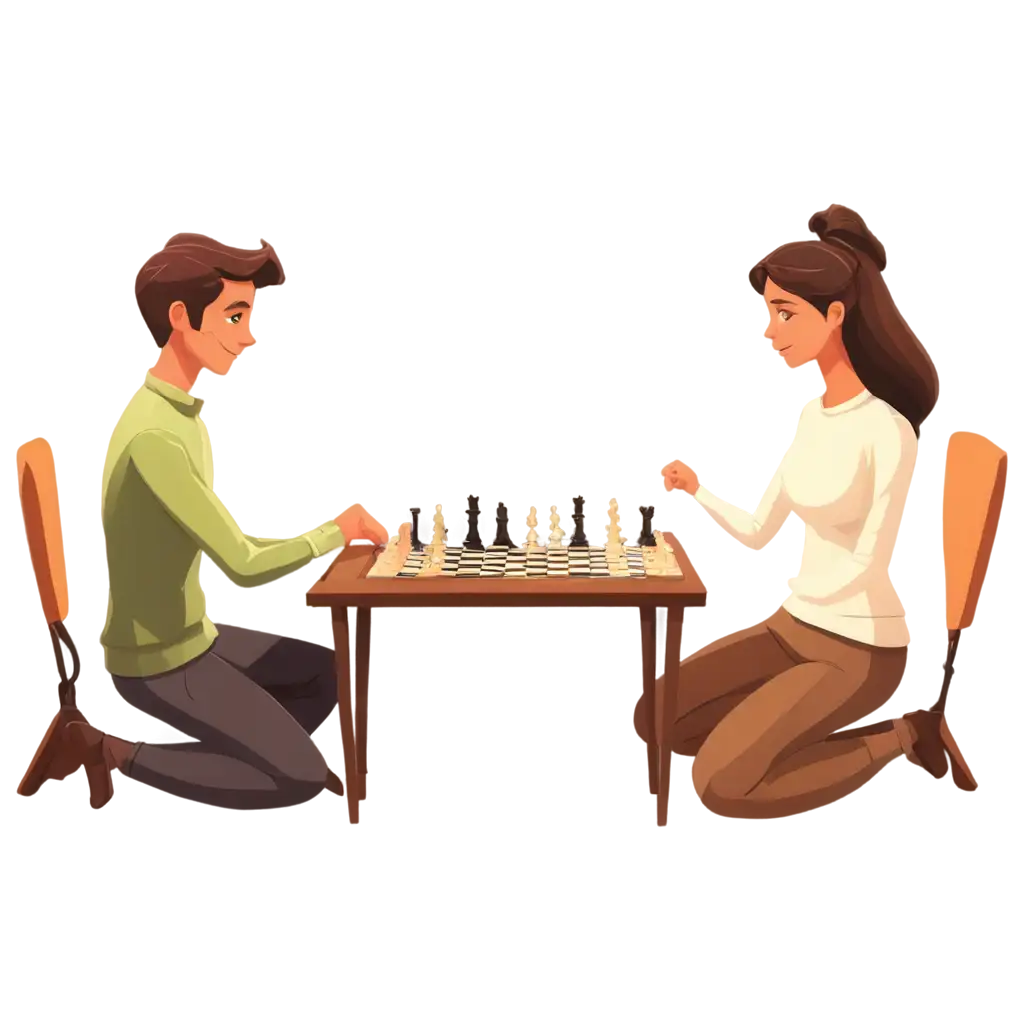 Two people playing chess, cartoon style