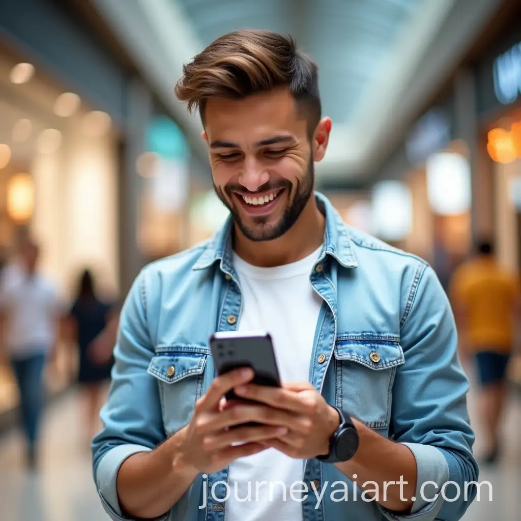 Smiling-Latino-Man-Holding-iPhone-in-a-Modern-Shopping-Mall