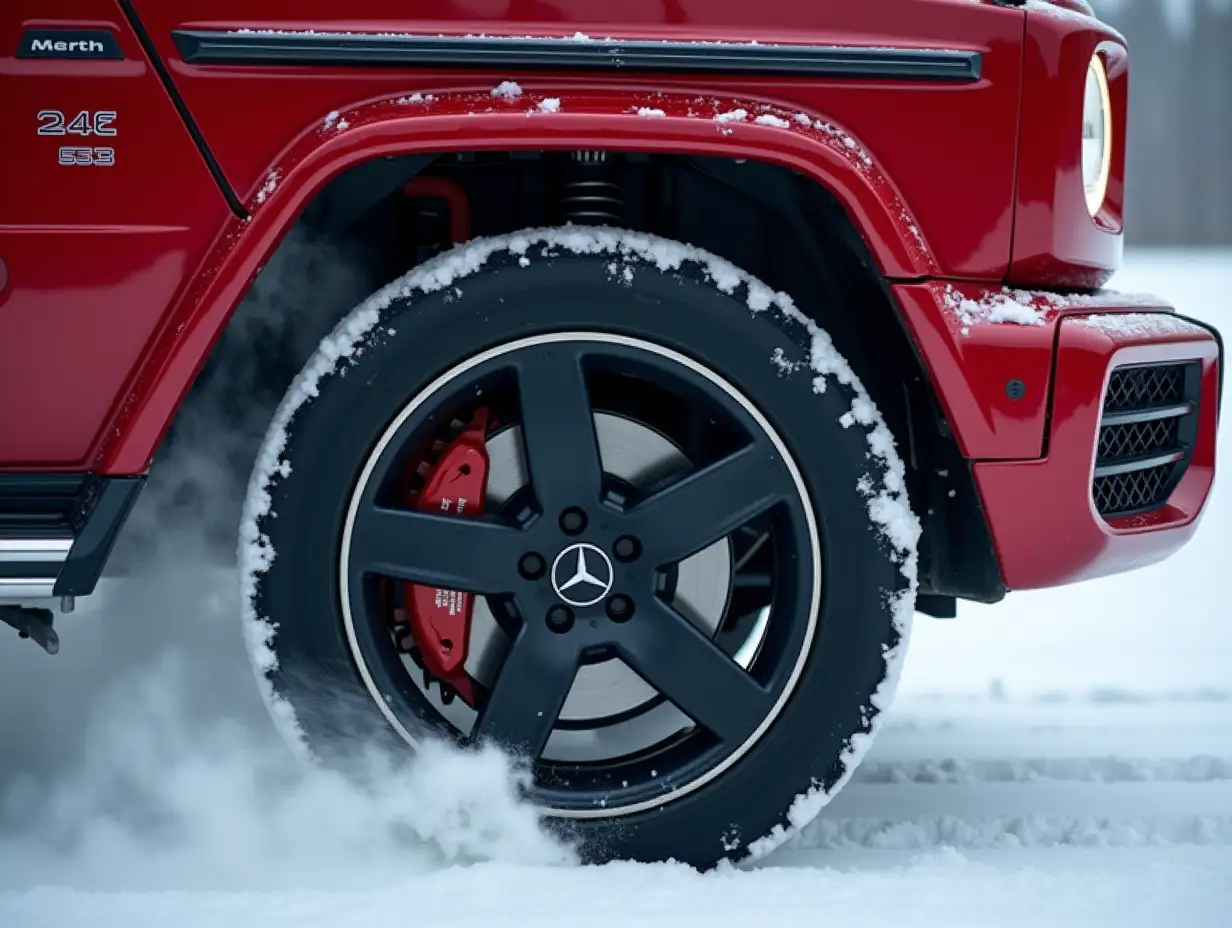 close-up of the wheel of a red Mercedes G63, which is driving through the snow - side view, the camera is hanging on the door and look slightly from above at the wheel