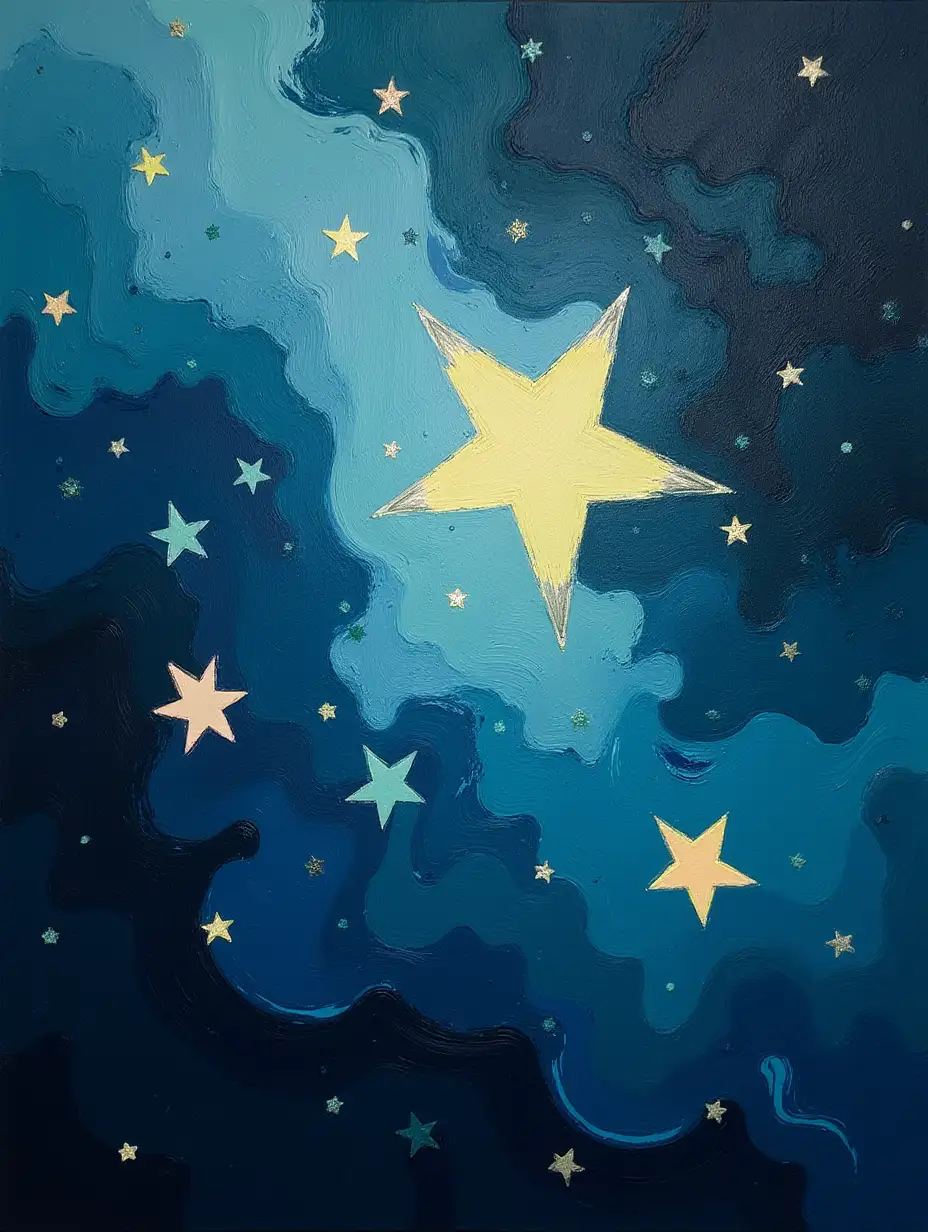 Create an abstract painting with swirling, stormy brushstrokes in midnight blue and onyx black as the background, highlighted by scattered pastel yellow, light teal, and peach star-like shapes. Incorporate faint gradients in the shapes to add dimension.