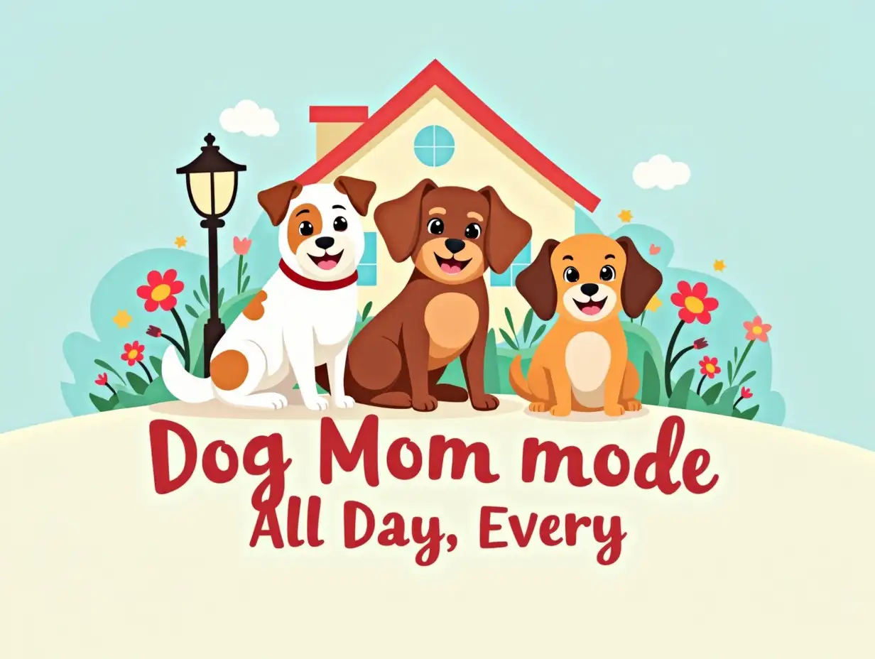 Vector. The image should feature three cartoon dogs sitting on next to a house with a happy expression. The dogs should be surrounded by colorful flowers and a street lamp. The background should be a clear blue sky. The text 'Dog Mom mode All Day, Every Day' should be displayed below the dogs. pastel style