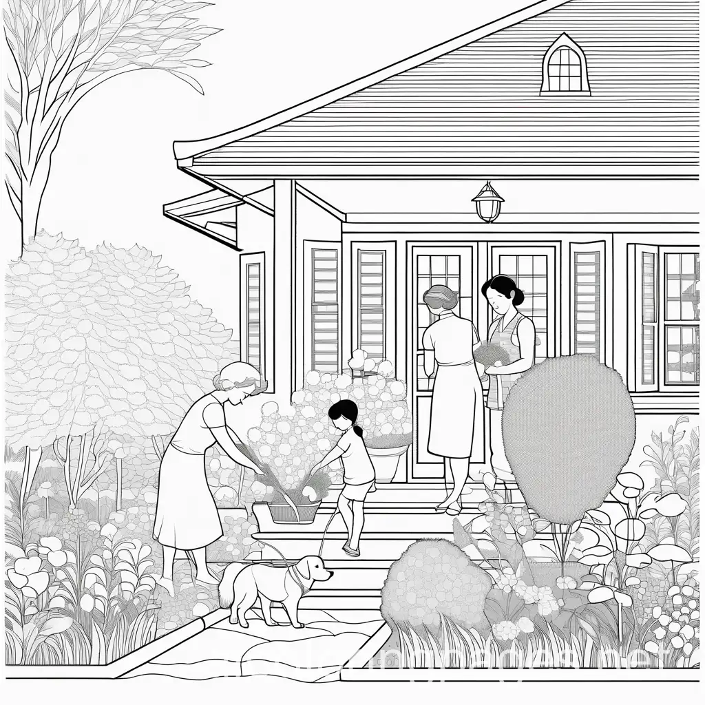 Middleaged-Women-Planting-Flowers-with-Children-and-Dog-Line-Art-Coloring-Page