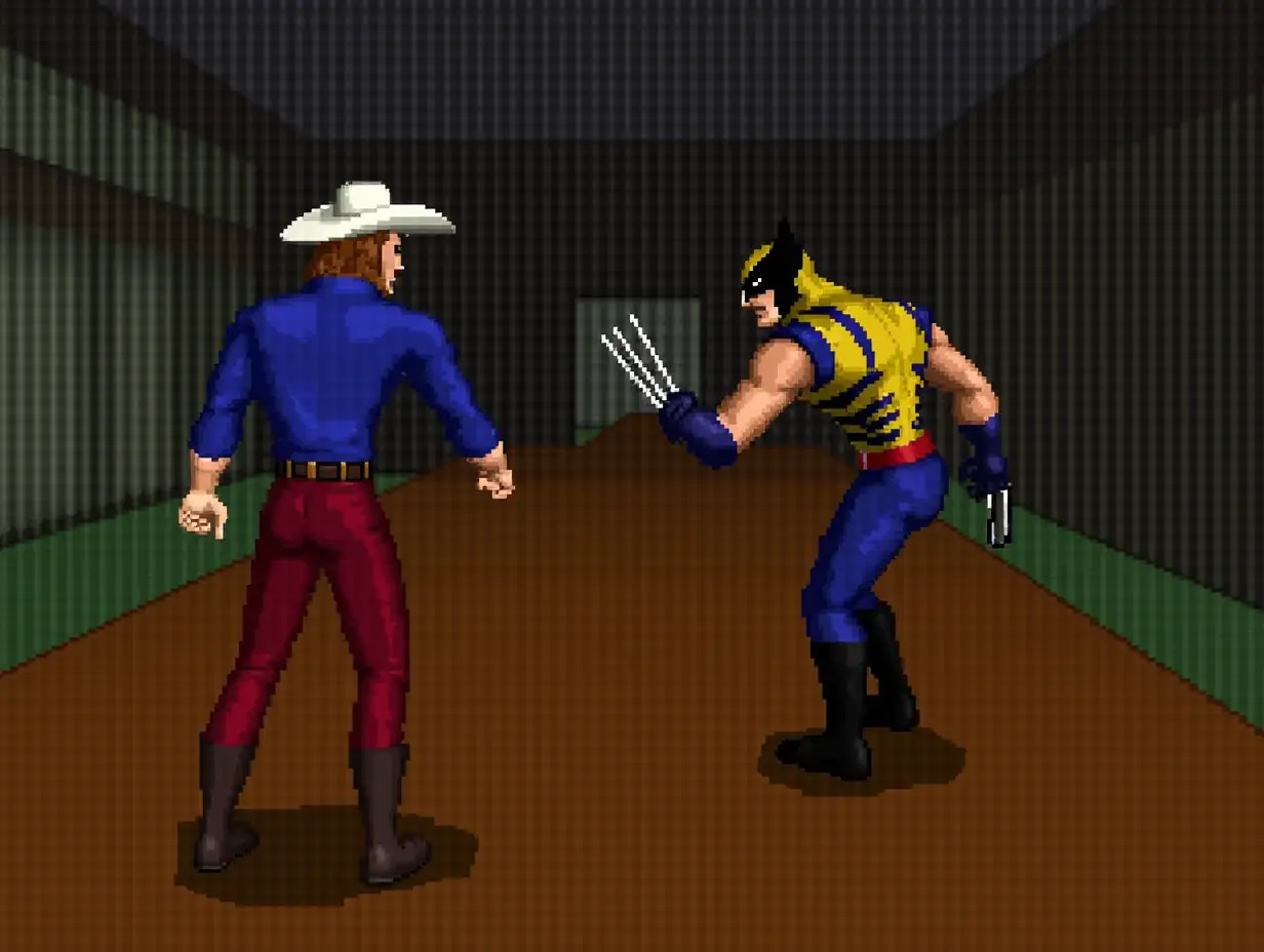 1990s 3D ps1 styled Gameplay screenshot for PlayStation featuring a 3D polygonal characters models of a male cowboy in a white hat blue long sleeve dress shirt red long pants brown boots has longish bobbish short hair fighting Wolverine From Marvel Comics 1990s 3D polygonal style video game 3rd person 3D Adventure 3rd person 3D 3rd person mystery 1990s graphics retro style game 3D 3rd person survival horror game 3d 1990s PlayStation One Graphics