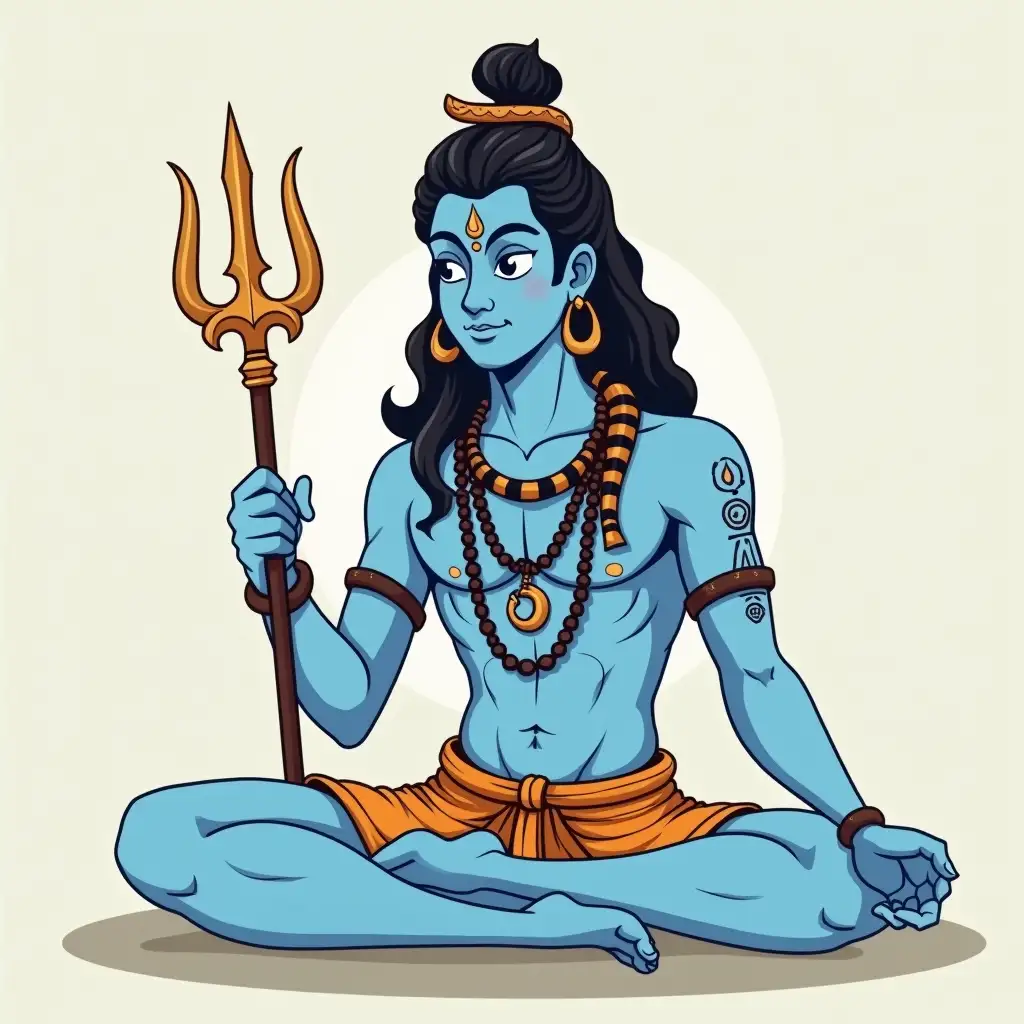 Draw a simplified, animation-friendly image of Mahadev, Lord Shiva, in a calm meditative pose. He has a light blue skin tone with a plain ash texture. He wears a simple tiger skin cloth and a crescent moon in his matted hair. A snake is wrapped around his neck, and he holds a basic trident symbolizing his power. His face is serene, with two eyes reflecting balance and calmness. Use solid, flat colors without shading or shadows, and a minimal background with natural elements to highlight his connection to the universe