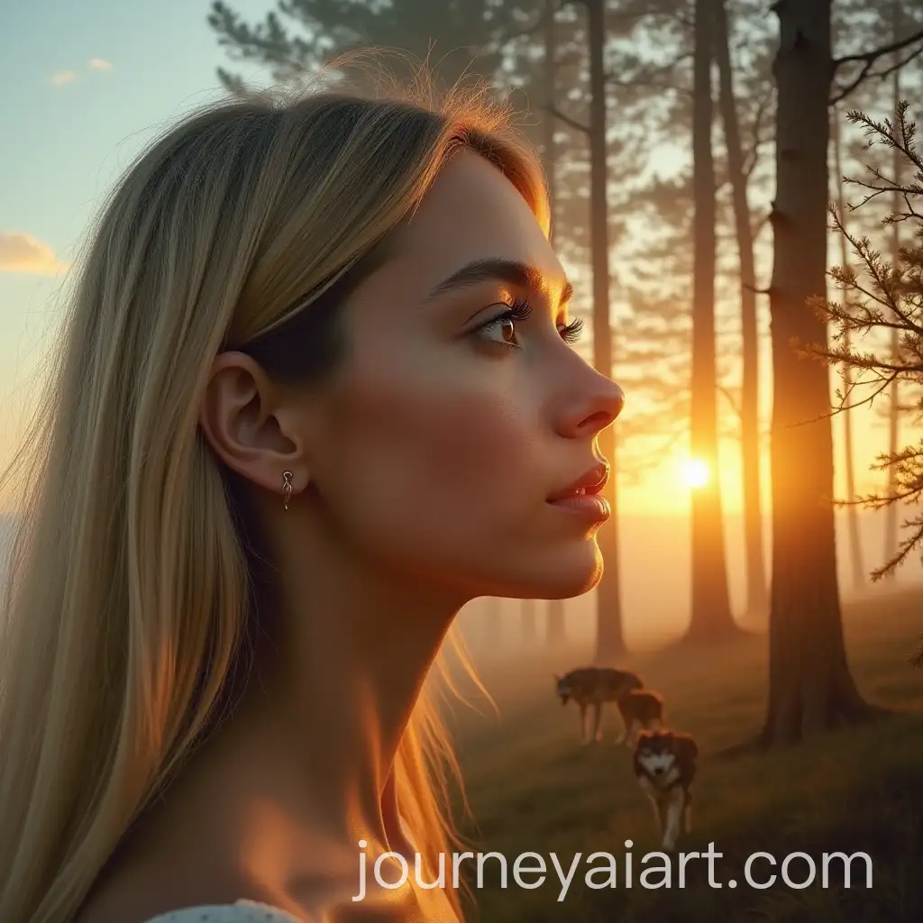 Dreamy-Woman-in-Nature-with-Wolves-at-Sunset