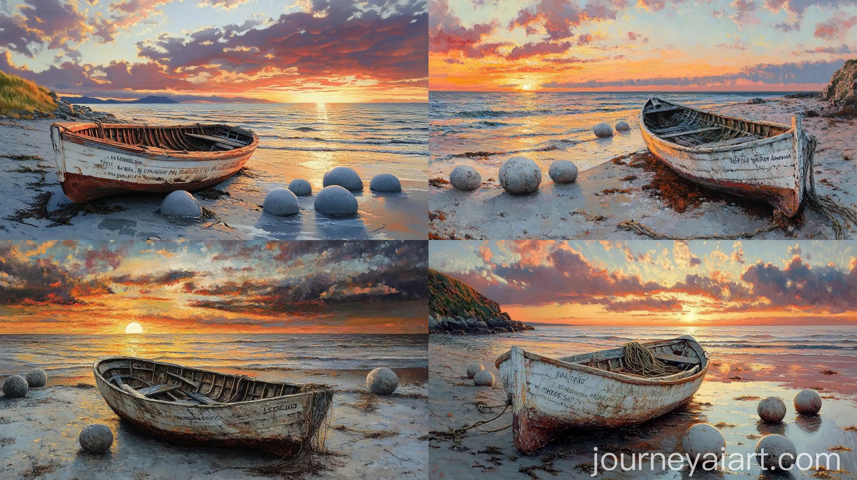 Abandoned-Boat-with-Weathered-Nets-and-Moeraki-Beach-Stones-at-Sunset