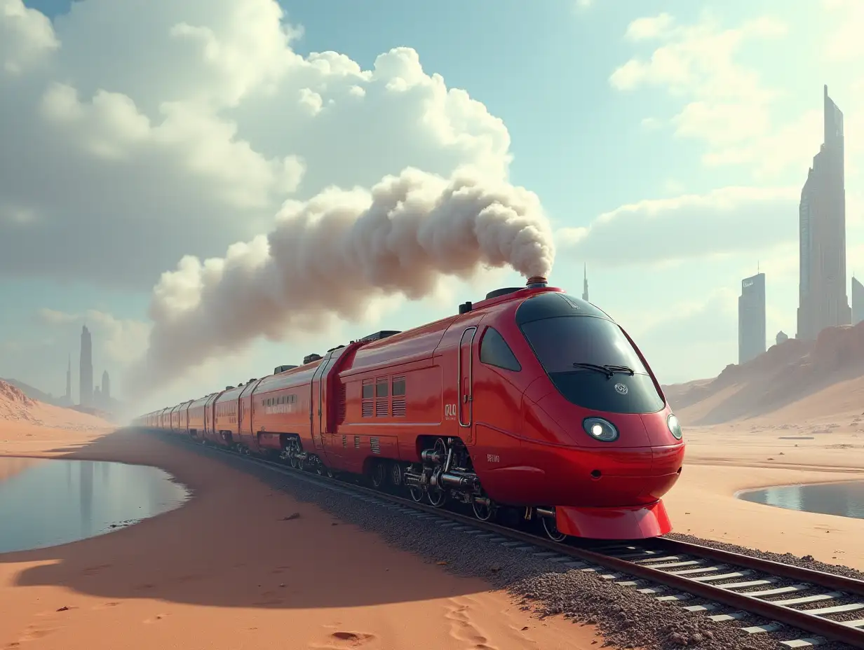 Create a high-resolution realistic image in 4k resolution: a futuristic red locomotive with silver details on tracks, with smoke rising up in the desert, with future high-rise buildings on both sides and a cloudy sky over a lake