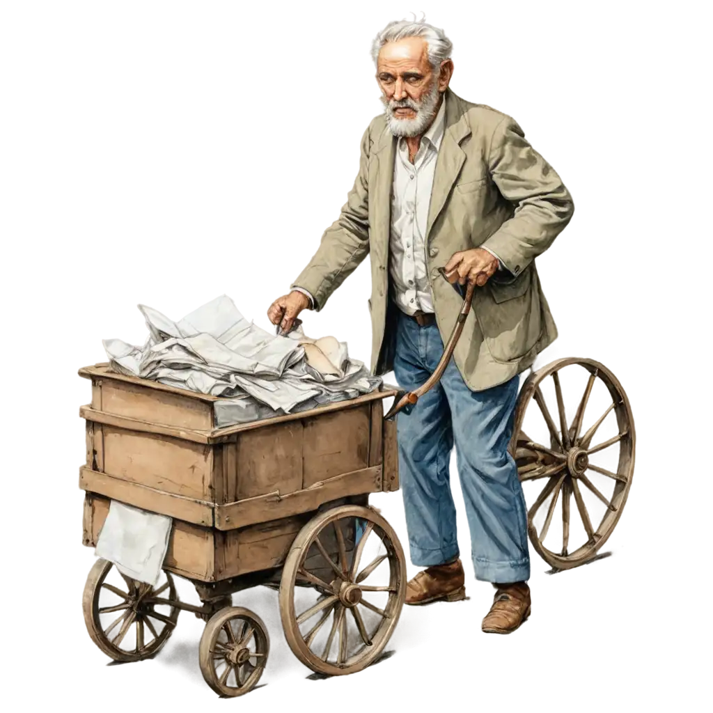 PNG-Image-of-an-Old-Man-with-WornOut-Clothes-Pushing-a-Handcart-Filled-with-Old-PapersPNG-Image-Usage-Scenarios