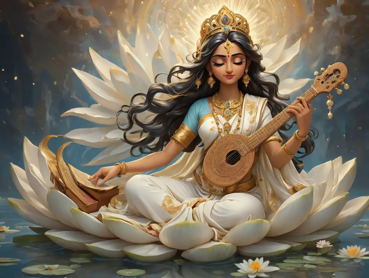 Divine-Saraswati-Goddess-Seated-on-White-Lotus-with-Swan-in-Celestial-Setting