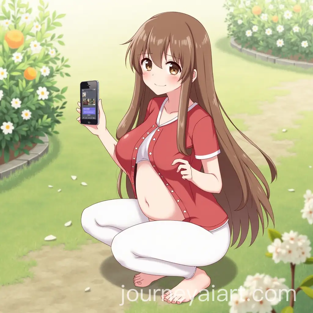 Young-Woman-Taking-Selfie-in-Garden-with-Peach-Blossoms-and-Smartphone