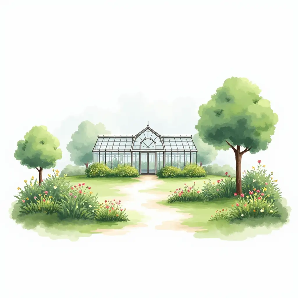 Tranquil-Greenhouse-with-Plants-and-Flowers-in-Watercolor-Style