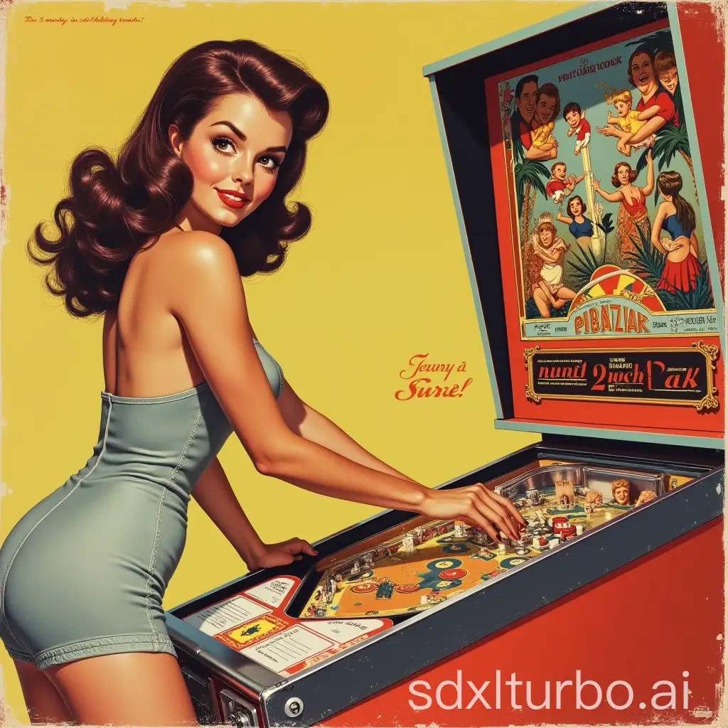 Vintage-50s-PinUp-Playing-Electronic-Pinball-Advertisement-Poster