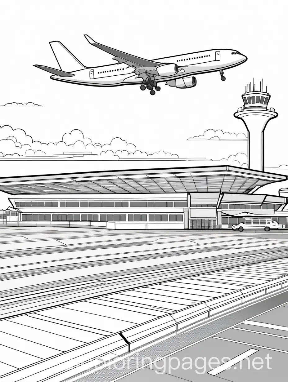 airport on the horizon, Coloring Page, black and white, line art, white background, Simplicity, Ample White Space