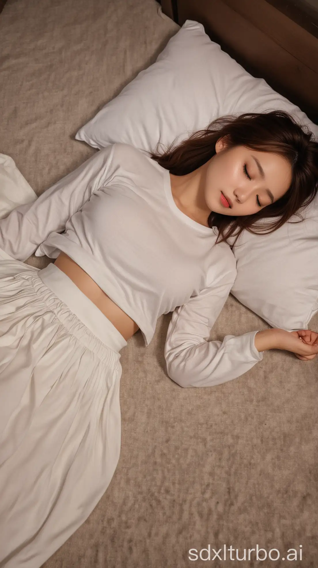 Chinese-Beauty-with-Brown-Hair-Sleeping-in-Winter-Night-in-White-Tshirt-and-Long-Skirt